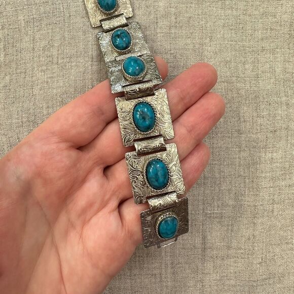 Vintage Etched Silver Tone Square Panel Blue Oval Faux Turquoise Bracelet 7" - Picture 6 of 9